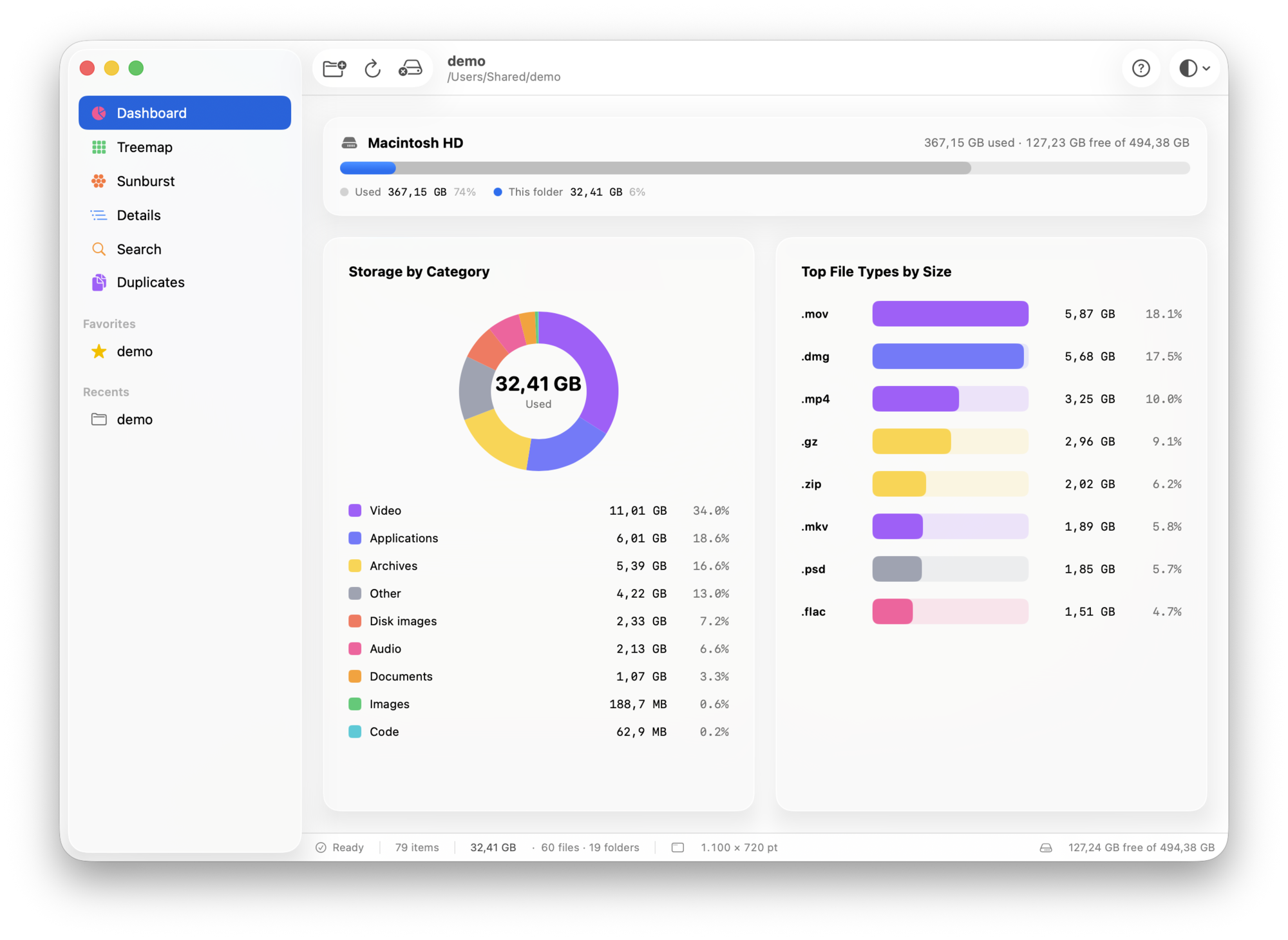 DiskLens Dashboard: free space, totals, storage by category and top file types.