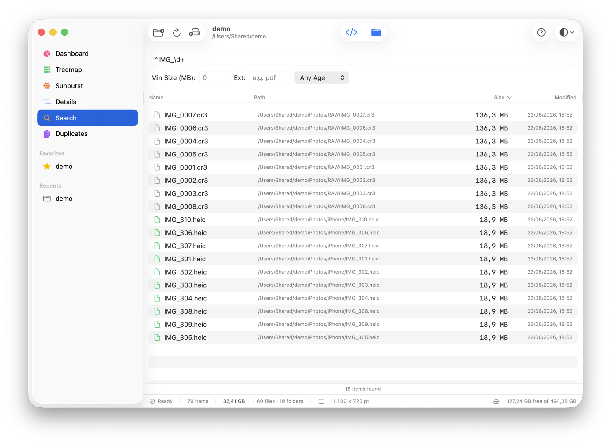 DiskLens Search: find files by name with regular-expression support.