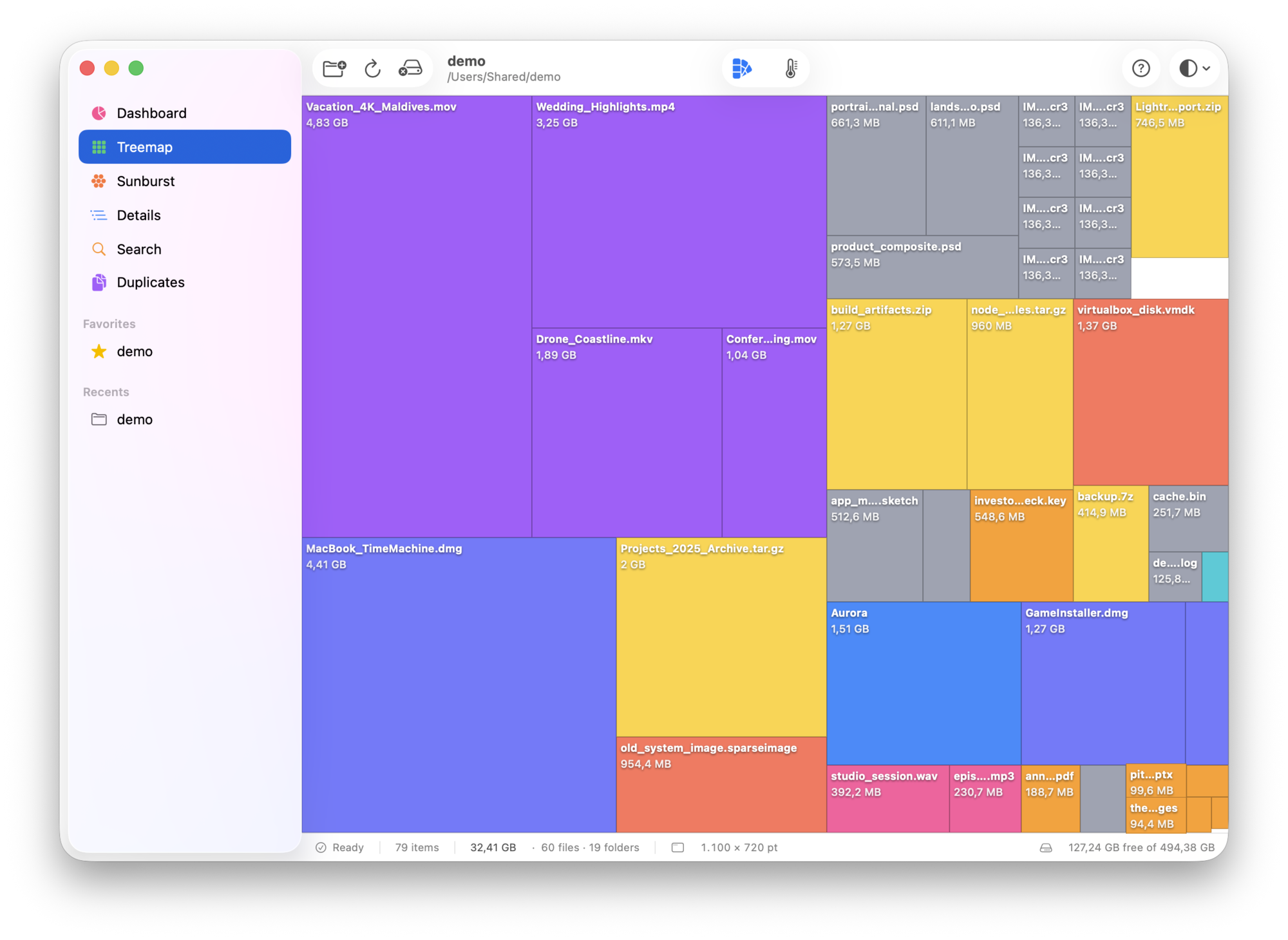 DiskLens Treemap: every file as a sized tile, colored by type.
