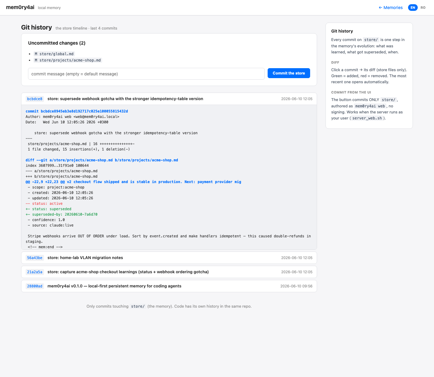 mem0ry4ai git history page — the memory timeline with per-commit colored diffs and a commit-from-UI button.