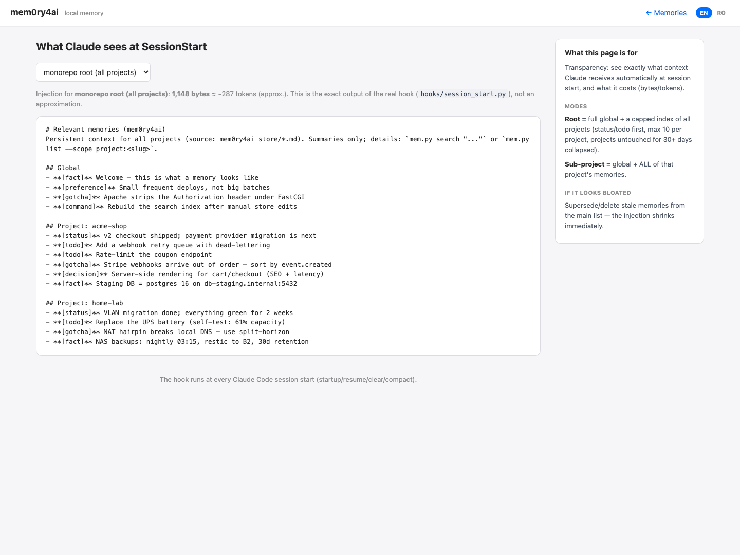 mem0ry4ai 'What Claude sees' page — the exact SessionStart injection with its size in bytes and tokens.