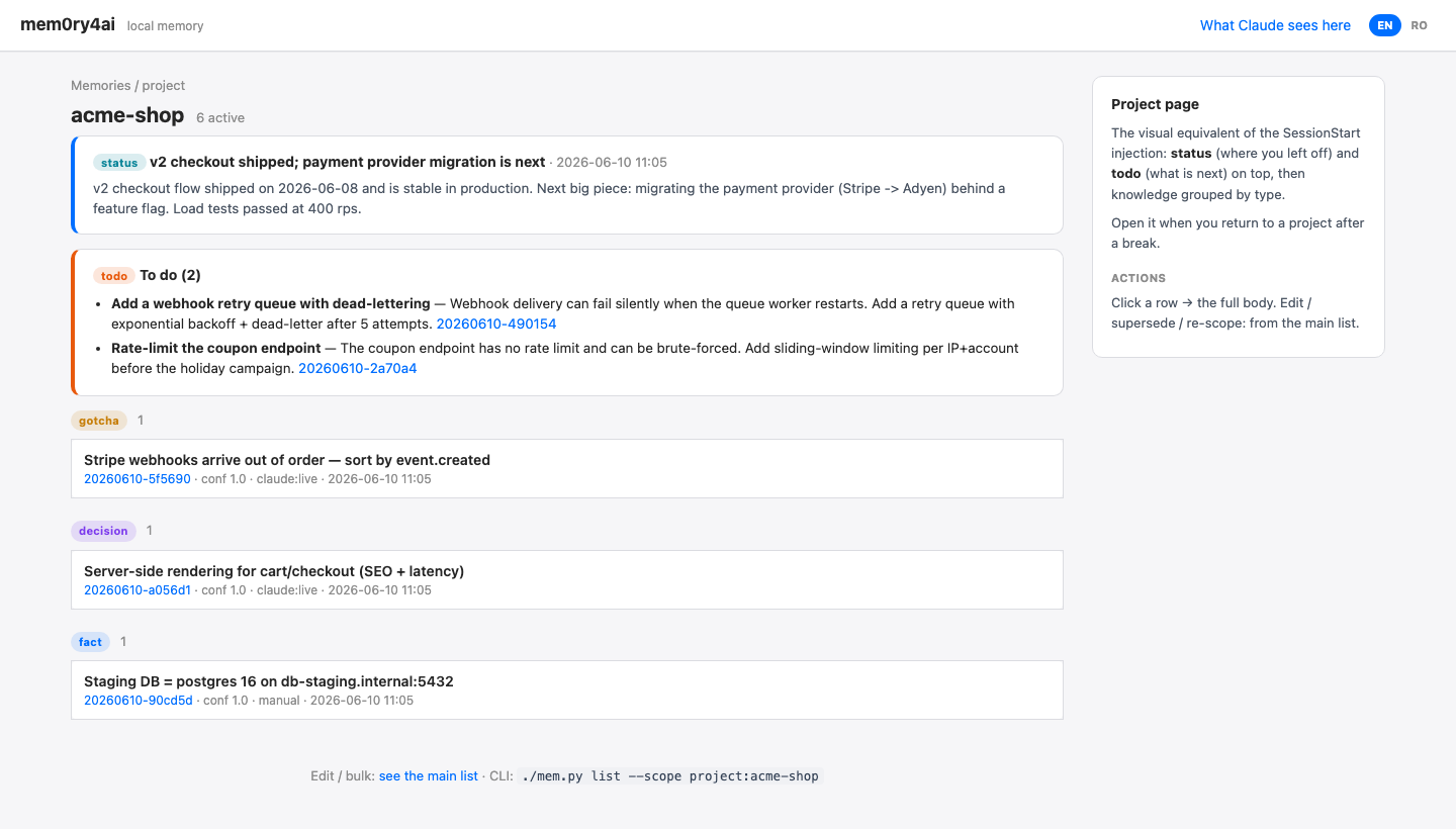 mem0ry4ai project page — status and todos pinned on top, knowledge grouped by type.