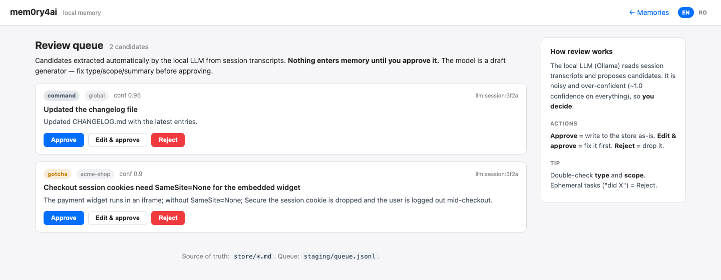 mem0ry4ai review queue — LLM-extracted candidates awaiting human approval, including an over-confident junk candidate.