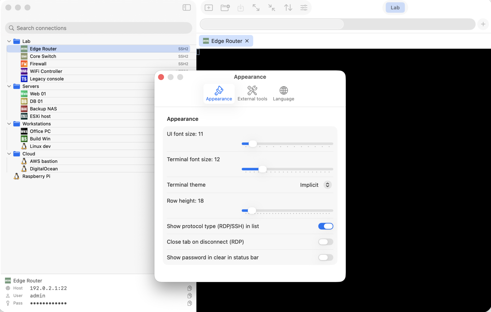 Setari — Aspect: marime font UI, tema terminal, inaltime rand, toggle-uri.